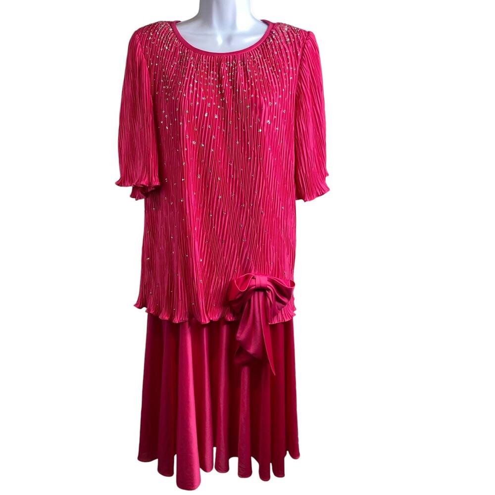 Vintage Gilberti Pink Sequin Pleated Midi Dress Size‎ 12 Special Occasion 80's